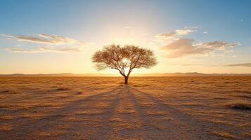 A lone tree in the middle of an empty desert at sunset photo