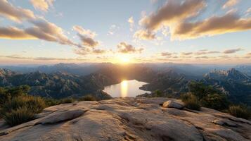 A mountain view with the sun setting over a lake photo