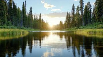 A lake surrounded by trees and grass photo