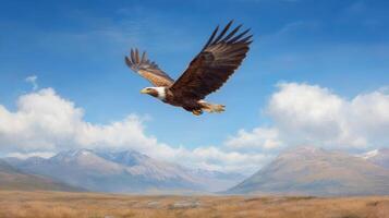 Majestic eagle soaring across vast landscape with mountains in background, wings wide open photo