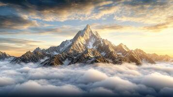 Majestic mountain peaks rise above clouds at sunset, creating breathtaking view photo