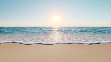 serene beach scene with gentle waves lapping shore clear sky. sun rises over horizon photo