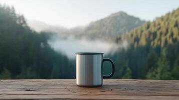 A coffee mug on a wooden table in front of a forest photo