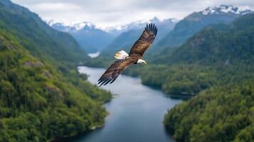 Majestic eagle soaring above serene wilderness landscape with mountains and river photo