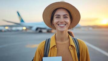 Happy traveler at airport with boarding pass in hand, ready for adventure photo
