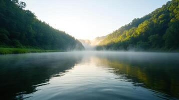A river with mist rising from the water photo