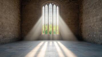 Dramatic light beams through stained glass window in stone room, creating serene atmosphere photo