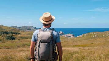 Man with backpack looking at the ocean photo