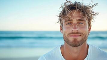 A man with a messy hair on the beach photo