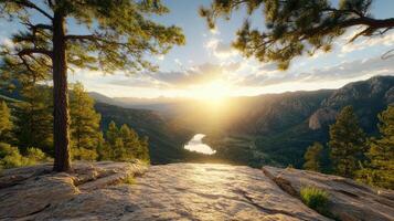 Breathtaking sunset over serene valley, with pine trees framing view photo