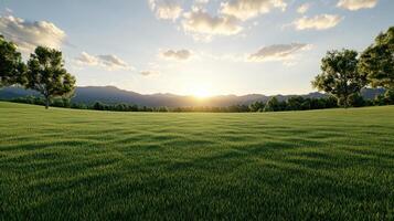 serene landscape featuring grassy field bright sky, with trees and mountains distance photo