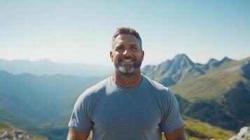 Smiling man standing in mountainous landscape, enjoying fresh air and nature photo
