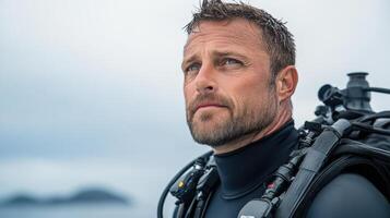 Diver preparing for underwater exploration, showcasing determination and focus in wetsuit photo