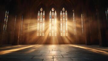 Dramatic light through stained glass windows illuminates serene interior photo