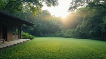 Serene cabin surrounded by lush greenery, with early morning light illuminating landscape photo