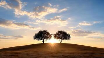 Sunset over hilltop with two trees silhouetted against sky, creating serene atmosphere photo