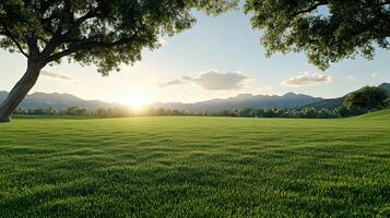 serene landscape featuring grassy field clear sky, with trees framing scene and mountains photo