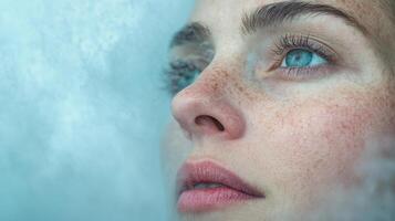 A woman with freckles and blue eyes is looking up photo