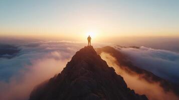 Hiker stands on mountain peak, surrounded by clouds under vibrant sunset sky photo