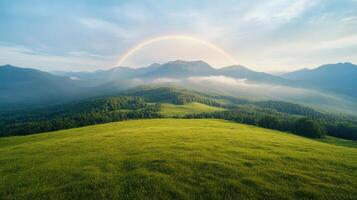 Stunning double rainbow arches over lush alpine forest, creating serene landscape. rolling hills photo