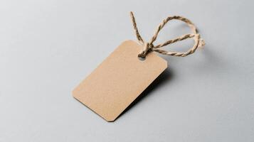 Blank price tag with rope on a gray background photo