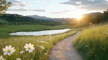 serene pathway winds through meadow adorned with wildflowers, leading to tranquil pond photo