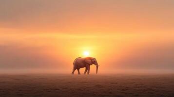 Majestic elephant standing tall under setting sun on dry open plain, evoking tranquility photo