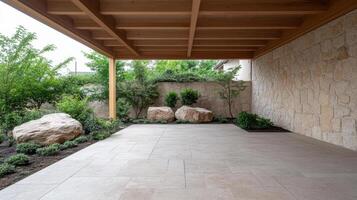 Spacious outdoor area featuring natural stone, greenery, and wooden beams, creating serene photo
