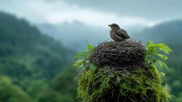 Bird resting peacefully on nest surrounded by lush greenery and misty mountains photo