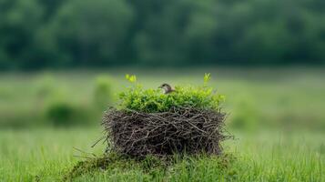 Bird perched in lush nest surrounded by greenery, symbolizing nature tranquility and beauty photo