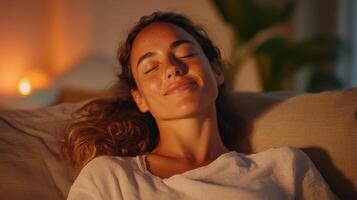 A woman is sleeping on a couch with her eyes closed photo