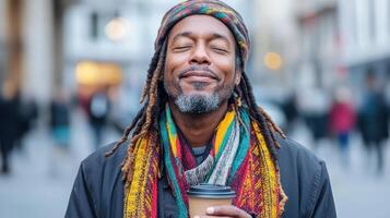 Man enjoying moment of peace with coffee cup, eyes closed, in busy urban setting photo