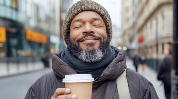 Man enjoying warm beverage with content expression, wearing cozy hat and jacket, urban setting photo