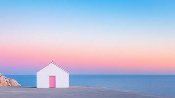 Serene white house with pink door stands against vibrant twilight sky, reflecting calmness photo