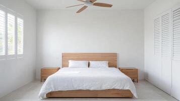 Modern bedroom with wooden furniture, white bedding, and ceiling fan creating serene atmosphere photo