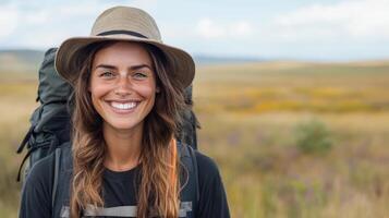 A woman with a backpack smiles while standing in a field photo