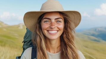 A woman with a hat and backpack smiling photo