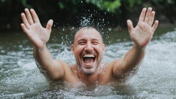 A man is swimming in the water with his hands up photo
