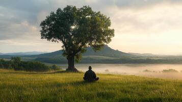 A person sitting under a tree in front of a mountain photo