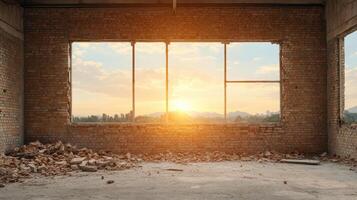 An empty room with a window and a brick wall photo