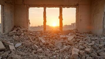 The sun is setting through a window in a destroyed building photo