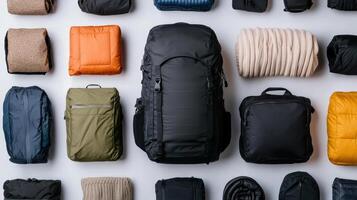 A variety of backpacks and other items arranged on a white surface photo