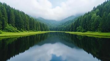 A lake surrounded by green trees and clouds photo