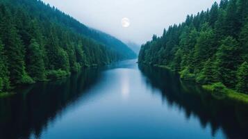 Serene full moon reflects in calm lake, surrounded by lush pine trees and misty mountains photo