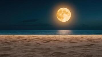 Full moon rising over horizon, glowing brightly above calm sea, creates serene atmosphere photo