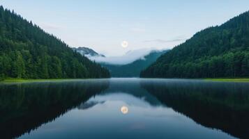 Serene full moon reflected in calm lake, surrounded by lush pine forests and misty mountains photo