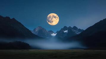 Stunning full moon illuminates mountain peaks, creating serene travel scene photo