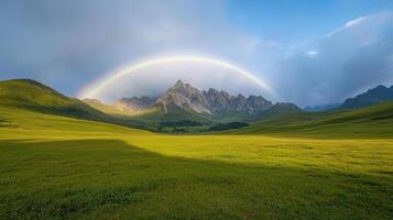 Gentle curve of rainbow arches over lush green meadow, creating serene landscape photo