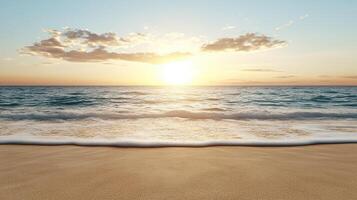 Golden sunset over tranquil beach with soft waves creating serene atmosphere photo