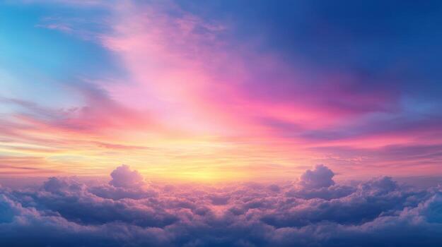 Vibrant sky with colorful clouds at sunset, creating serene and peaceful atmosphere photo